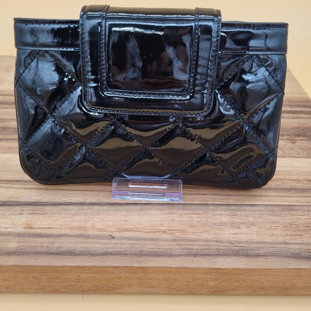 Kate Spade Black Quilted Patent Leathe Bag, Zip Closure By Wrist Strap, EUC
